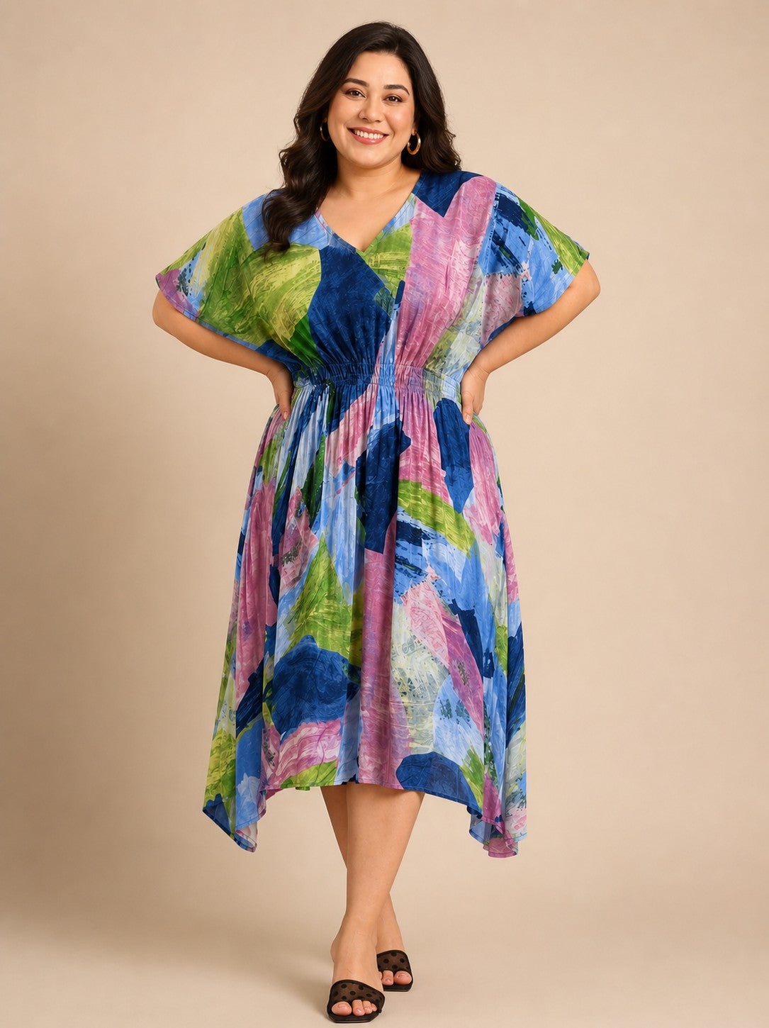 Multi Color Abstract Printed Smocking Dress