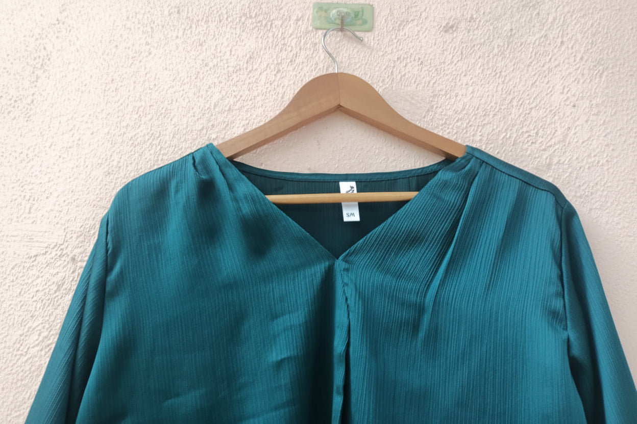 Dark Green Pleated V-Neck Top