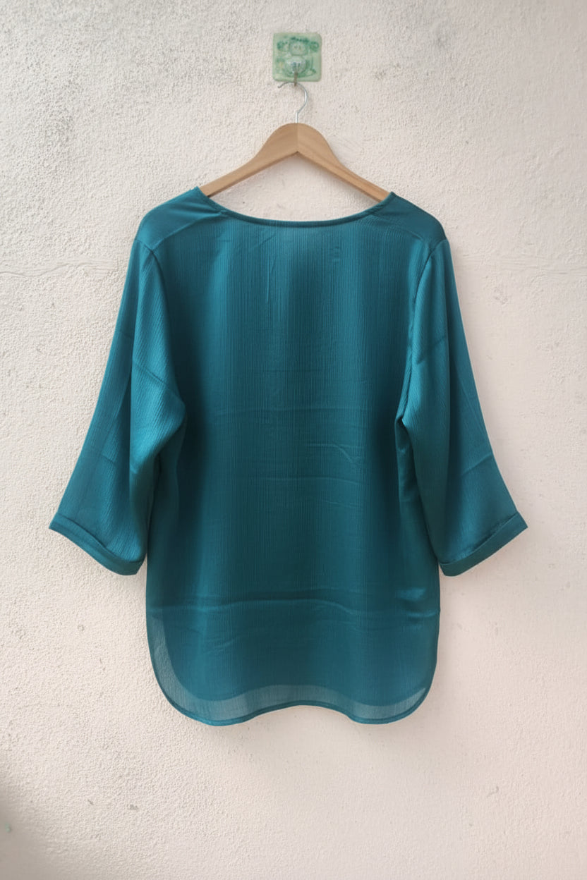 Dark Green Pleated V-Neck Top