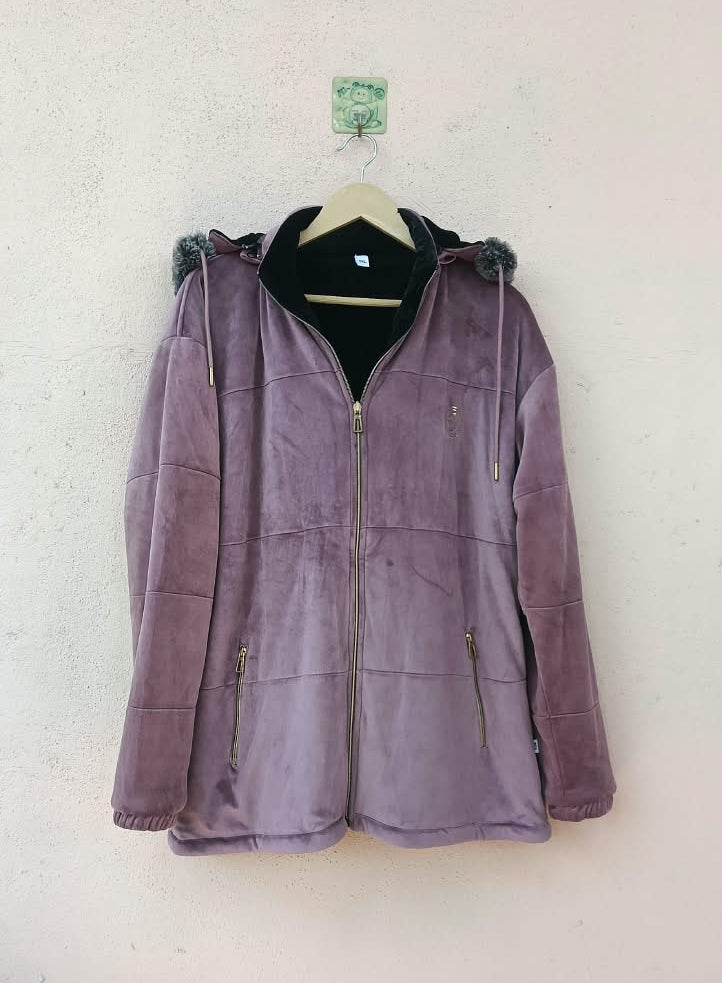 Double-Sided Reversible Lavender Velvet Zip-Up Hoodie Jacket