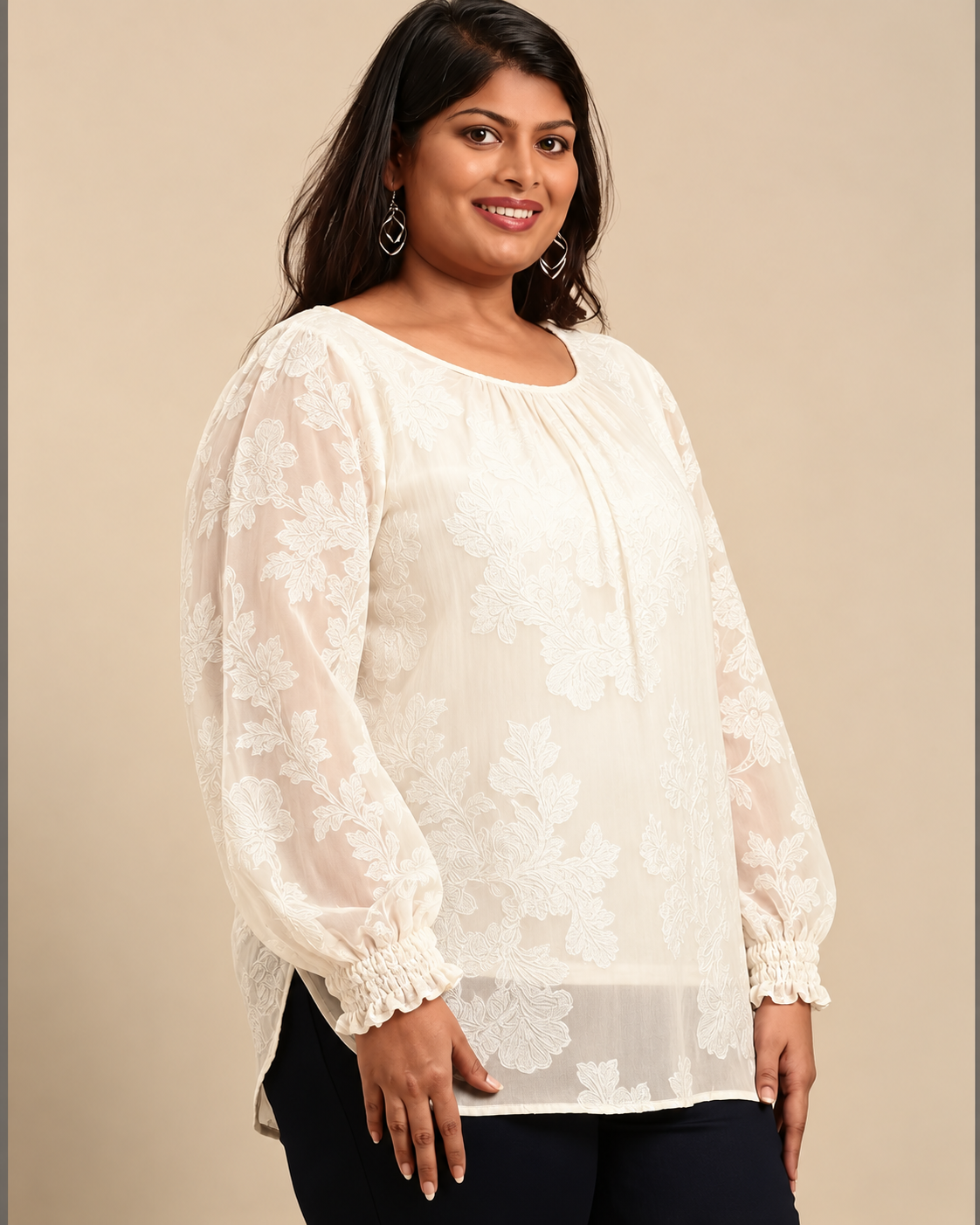 White Floral Jacquard Cuff Top