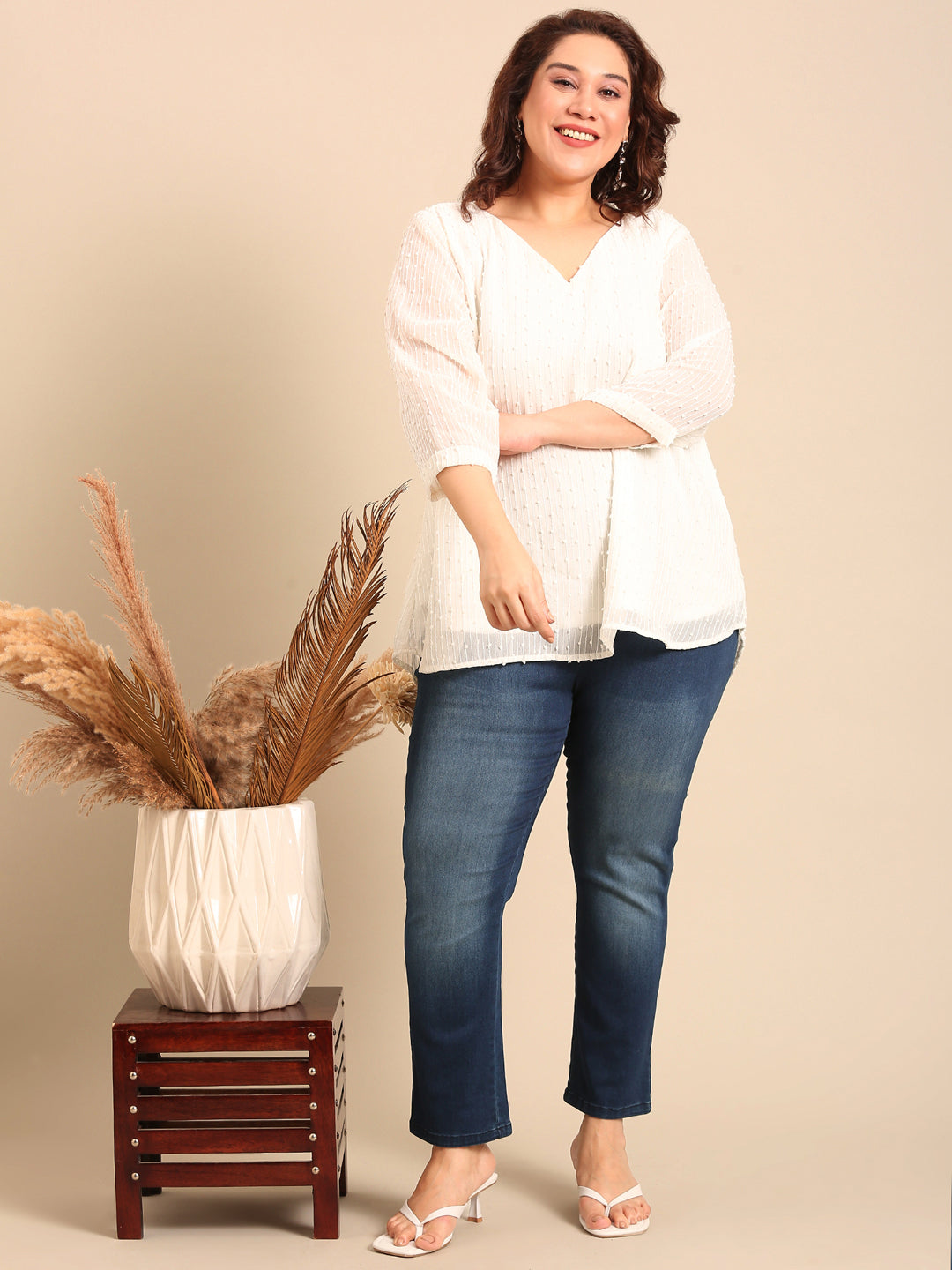 Elegant White Embroidered Top with Navy Jeans (2 Piece)