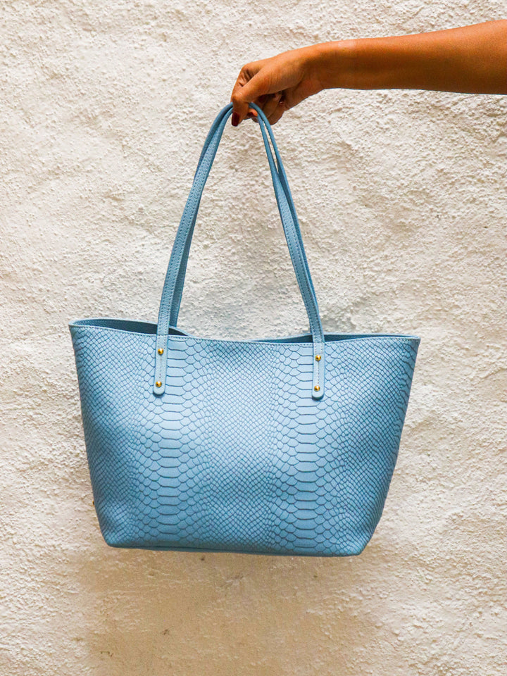 Embossed Blue Leather Handbag