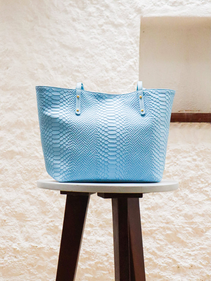 Embossed Blue Leather Handbag