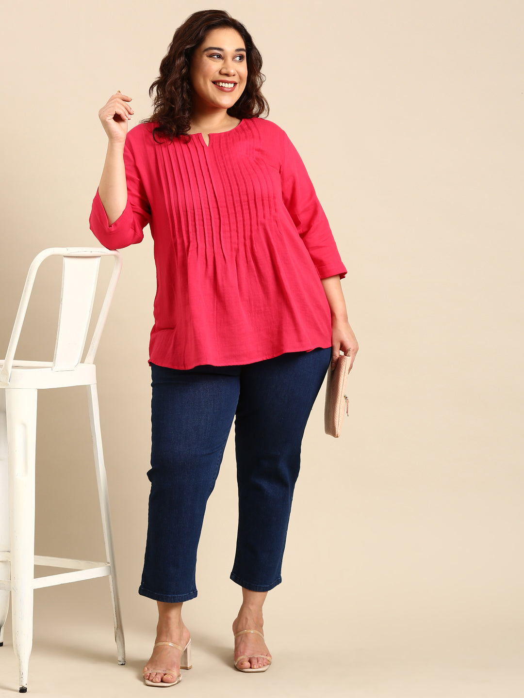 FUSICA PINK SOLID PIN TUCK TOP