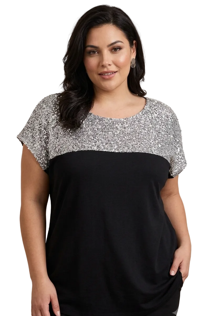 Silver Sequin Yoke Black Top