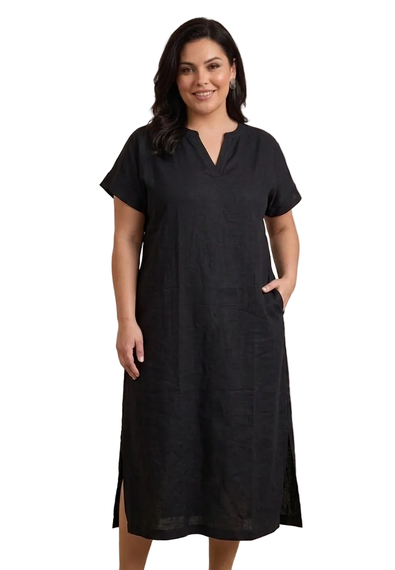 Black Solid V-Neckline Dress