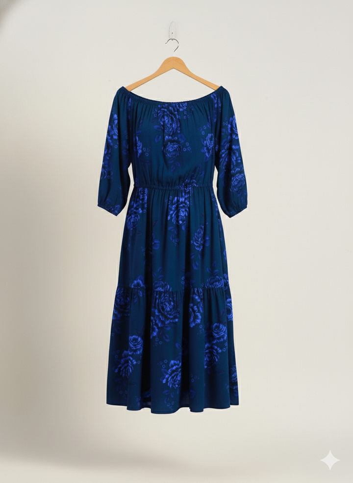 Navy Floral Printed Off-Shoulder Dress