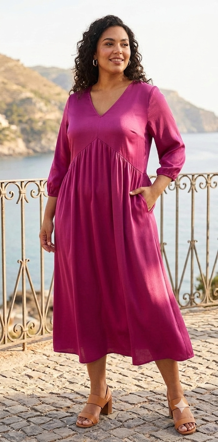 Pink V-Neck Midi Dress