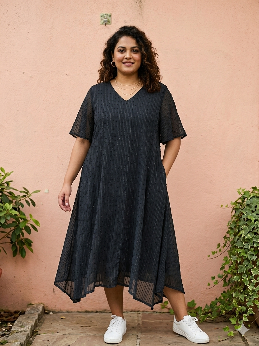 Navy Embroidered A-Line Dress