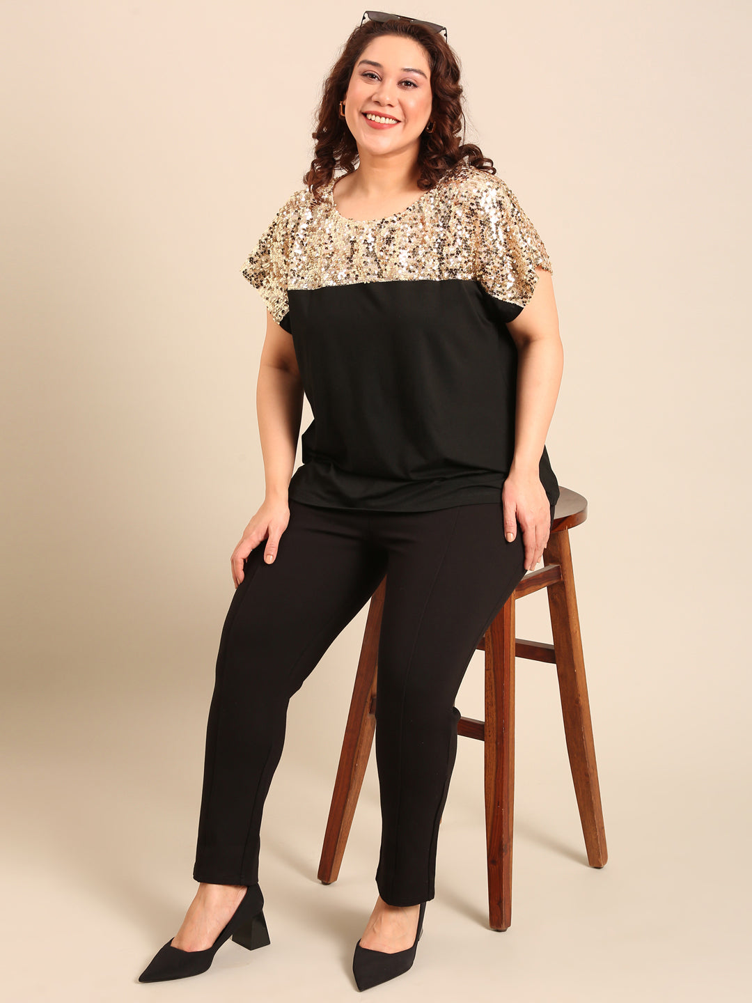 Gold Sequins Fabric Colorblock Top