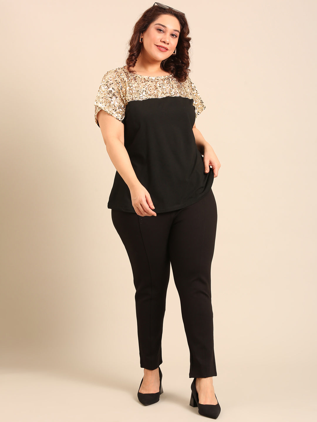 Gold Sequins Fabric Colorblock Top