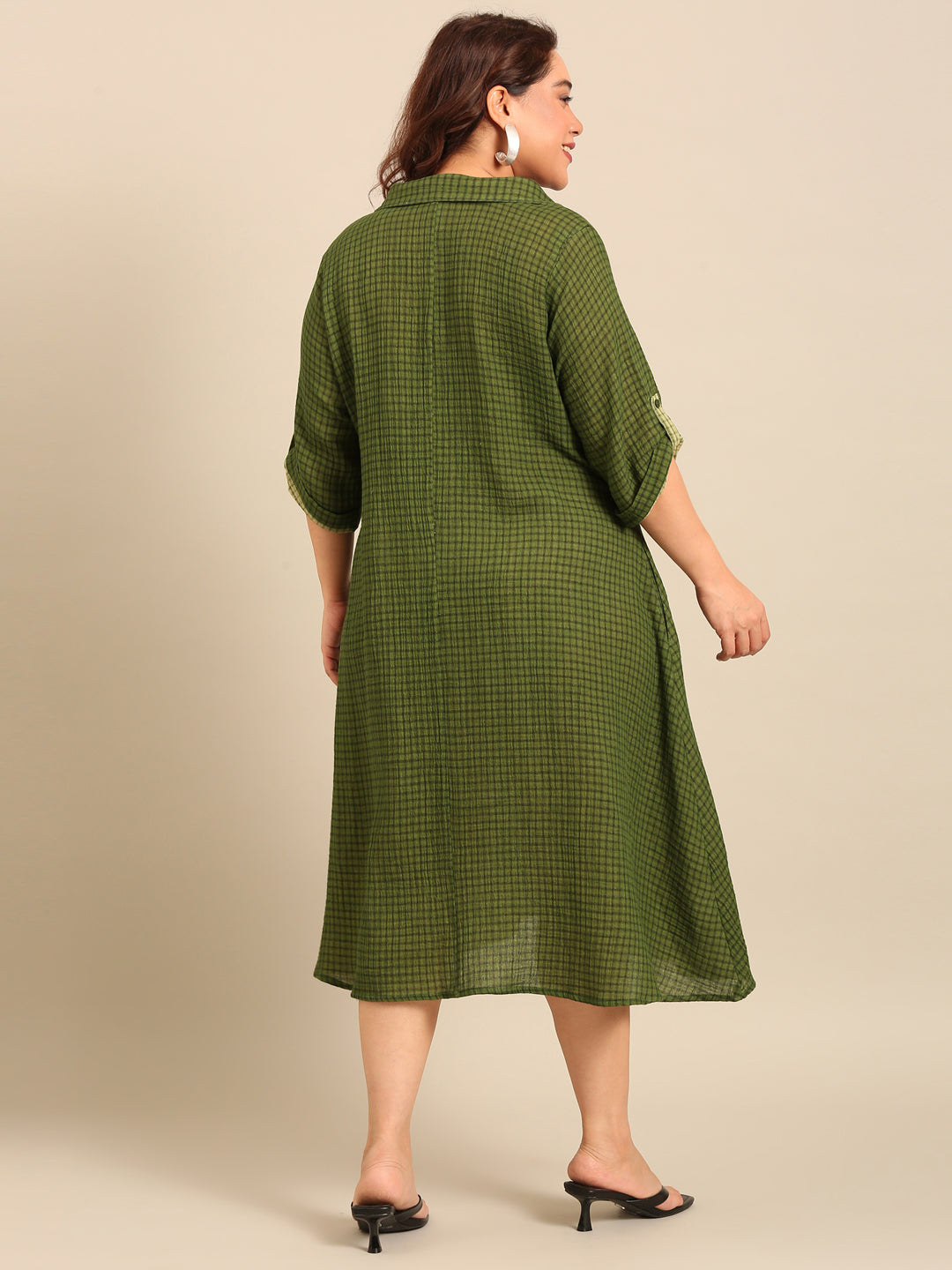 Green Check Cotton A-Line Shirt Dress