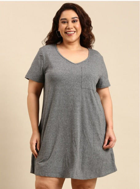Grey V-Neck Pocket Dress