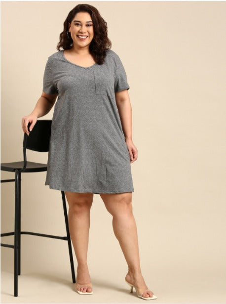 Grey V-Neck Pocket Dress
