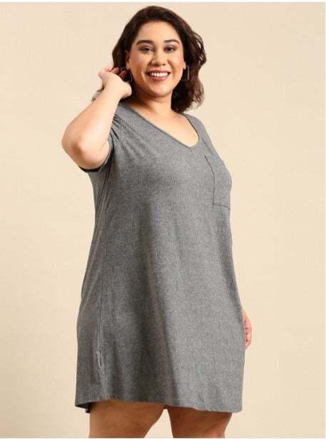 Grey V-Neck Pocket Dress