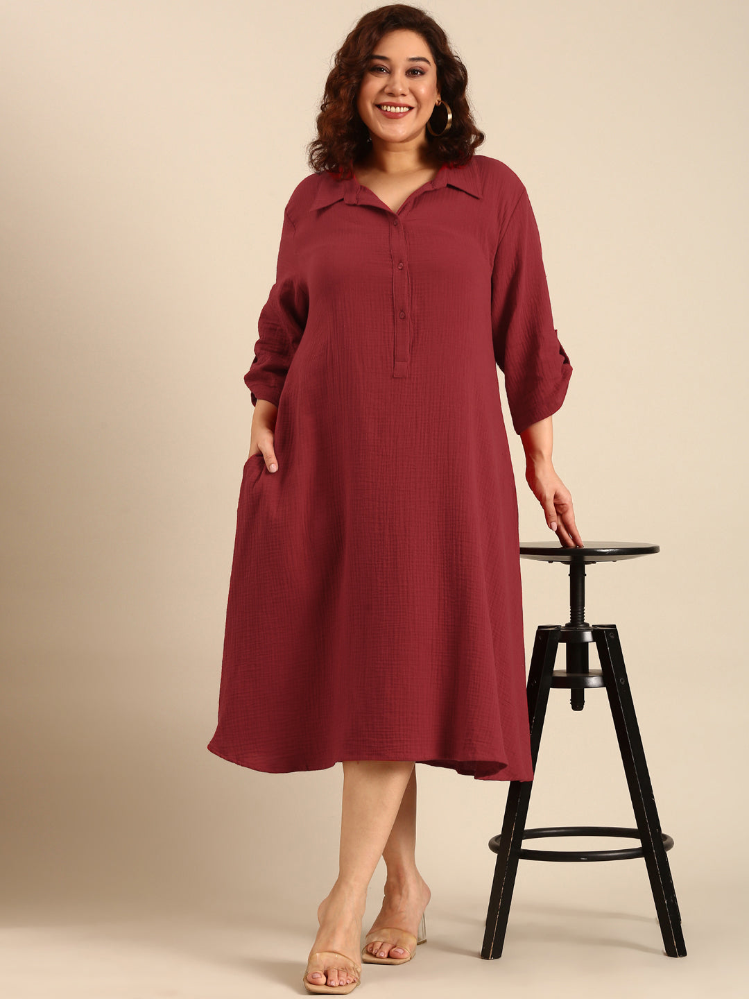 Red Cotton A-Line Shirt Dress