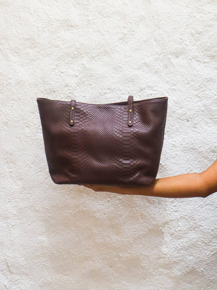 Brown Embossed Leather Handbag