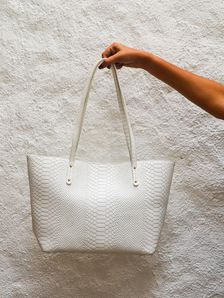 White Embossed Leather Handbag