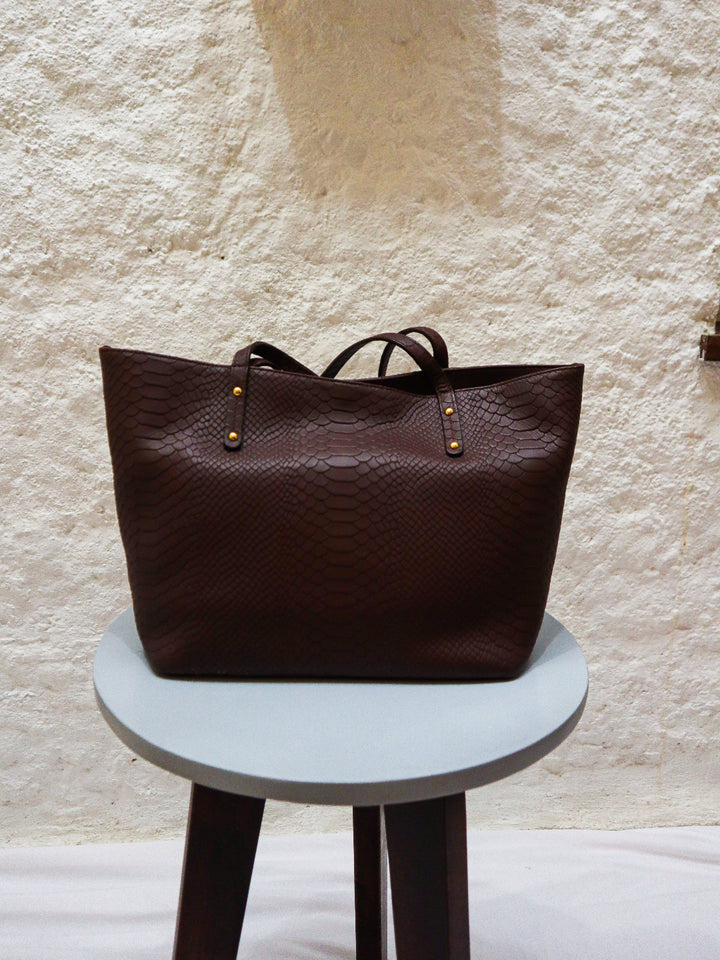 Brown Embossed Leather Handbag