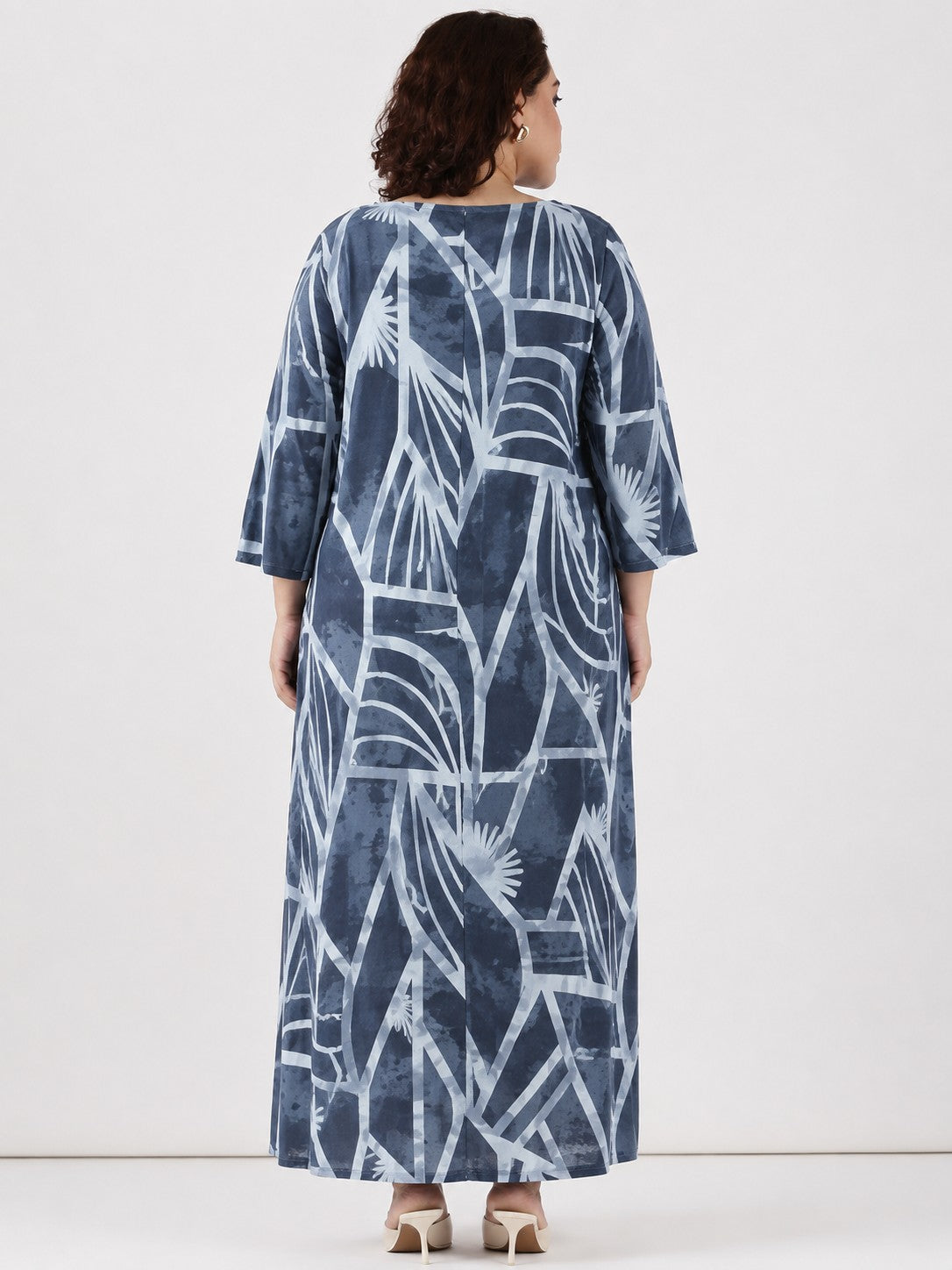 Indigo Geometric Printed V-Neck Maxi Dress