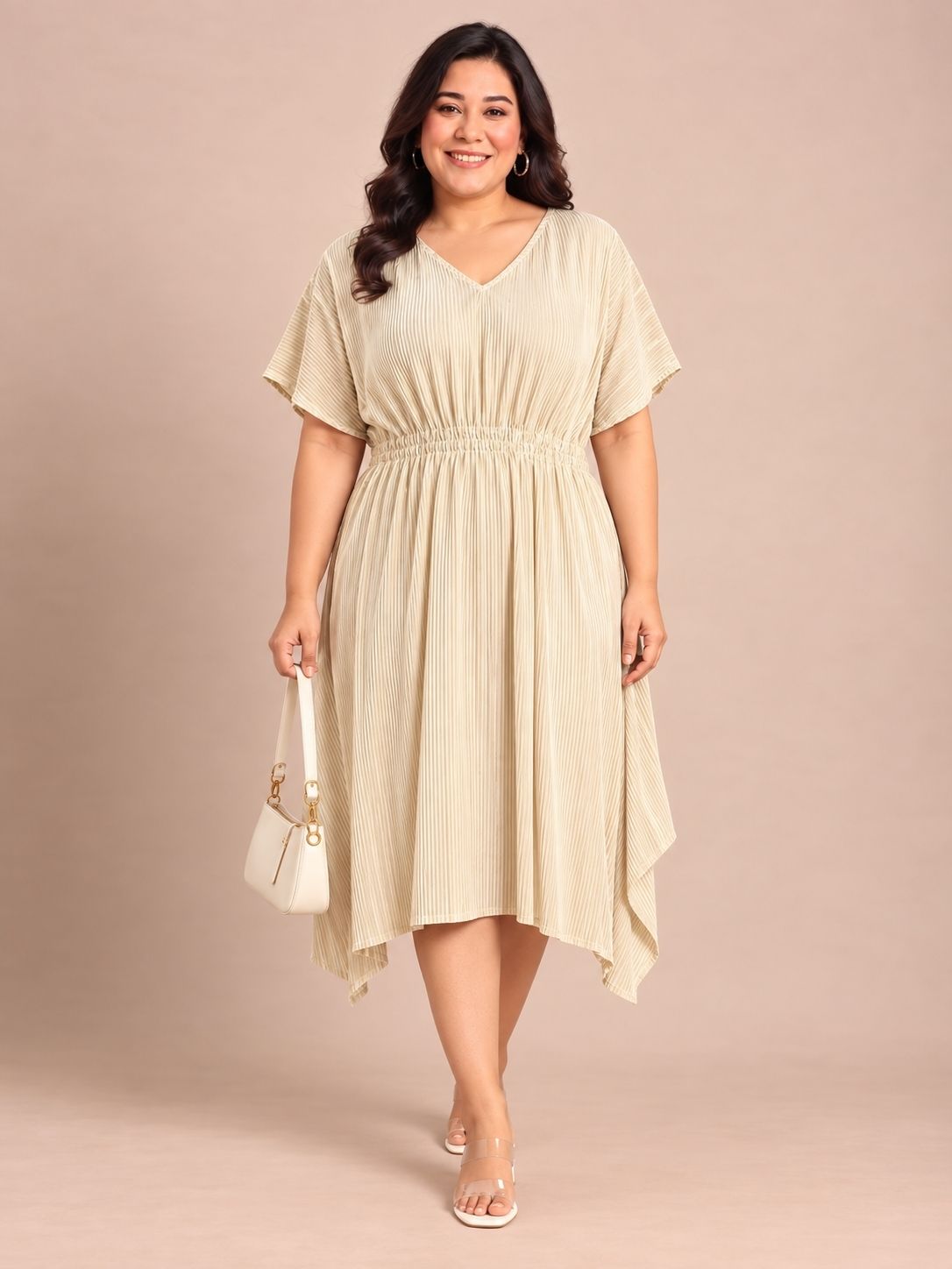 Ivory Pleated Smocking Midi Dress