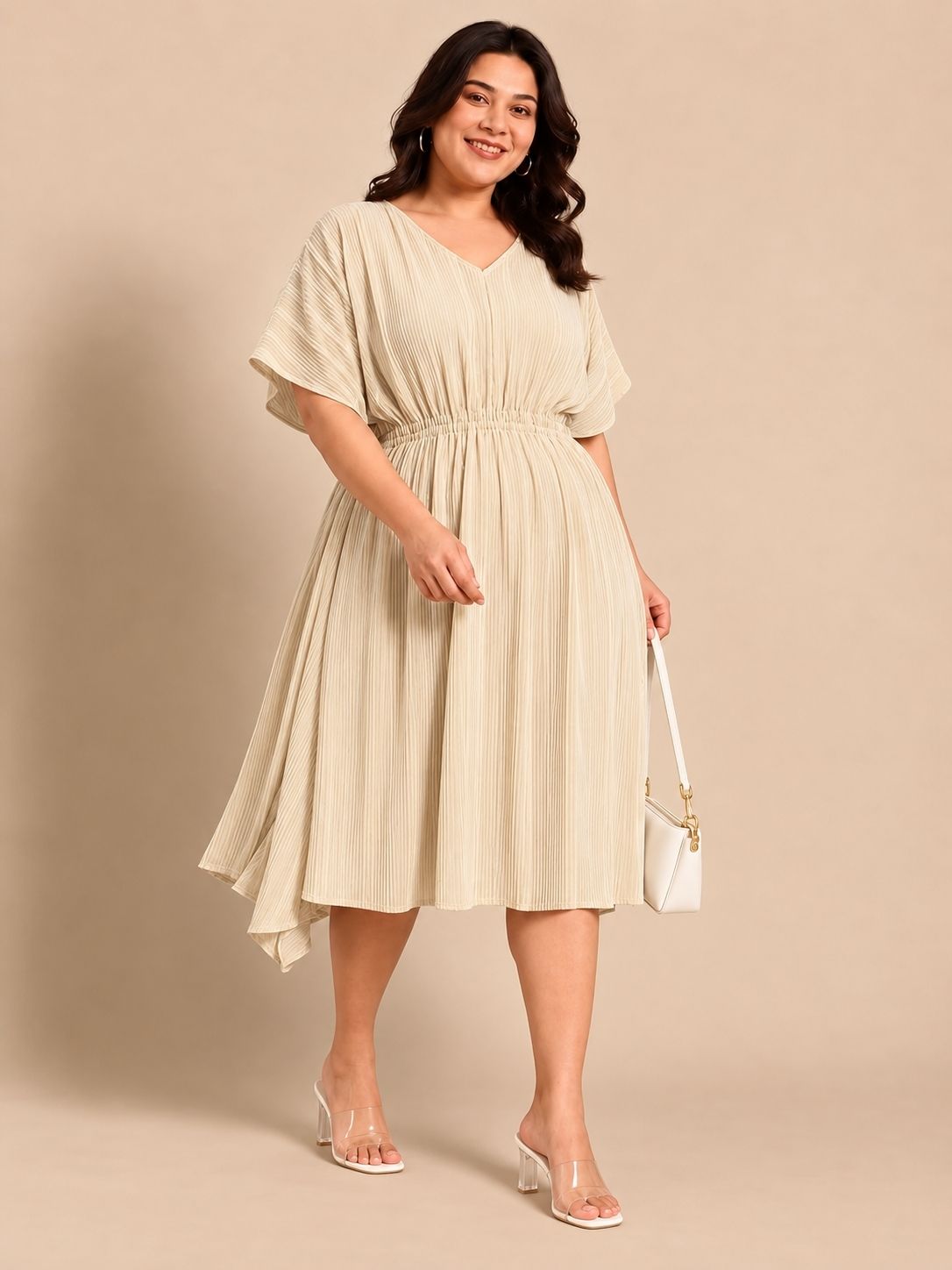 Ivory Pleated Smocking Midi Dress