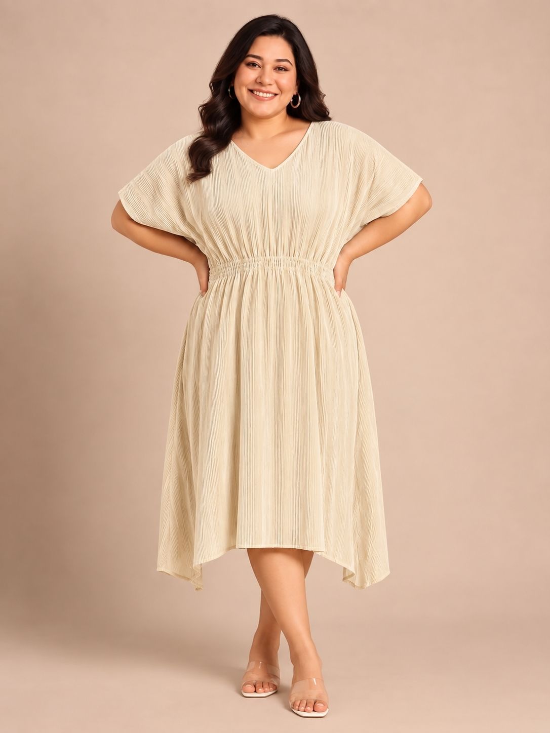 Ivory Pleated Smocking Midi Dress