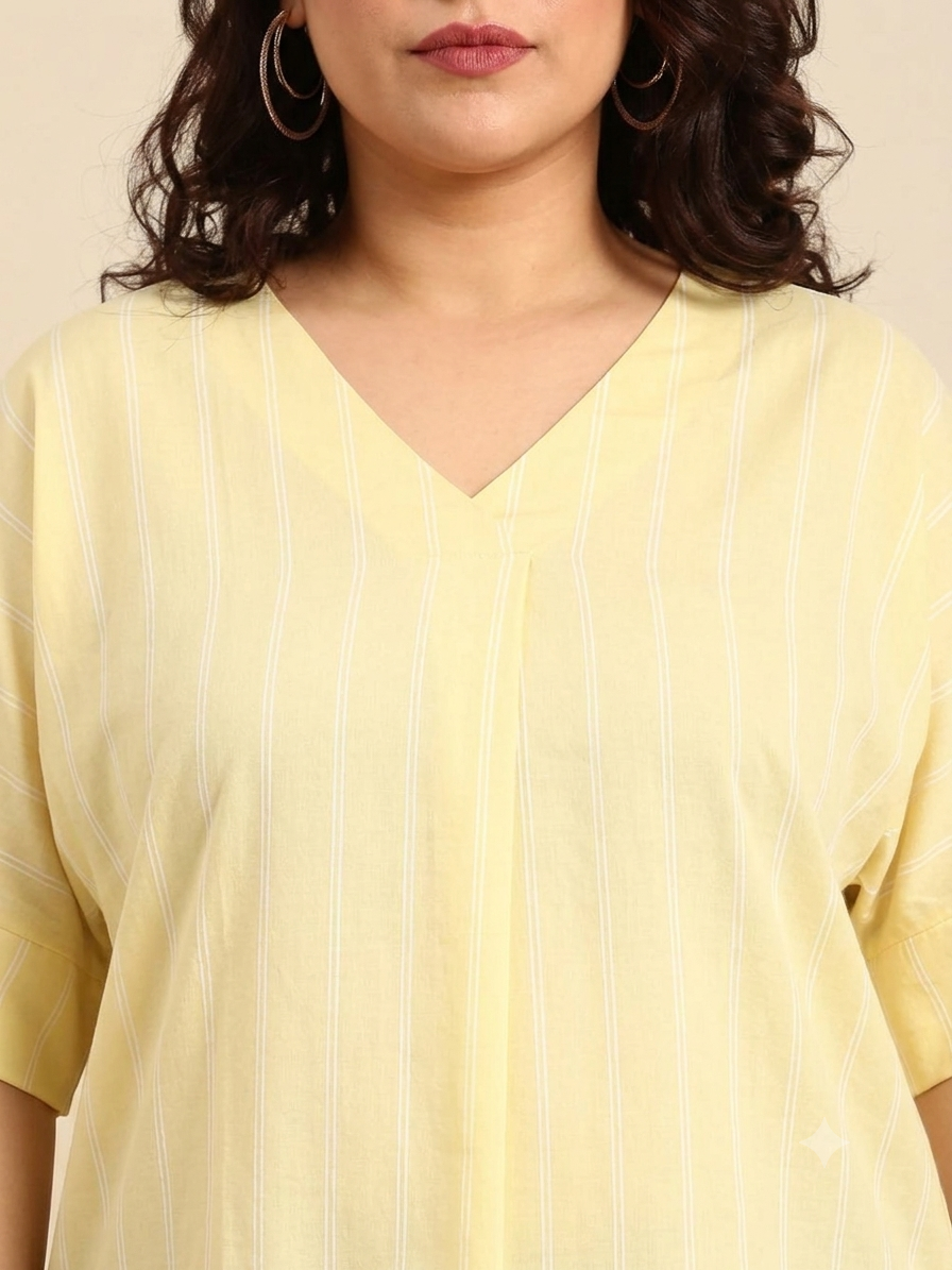 Light Yellow Vertical Striped V-Neck Top