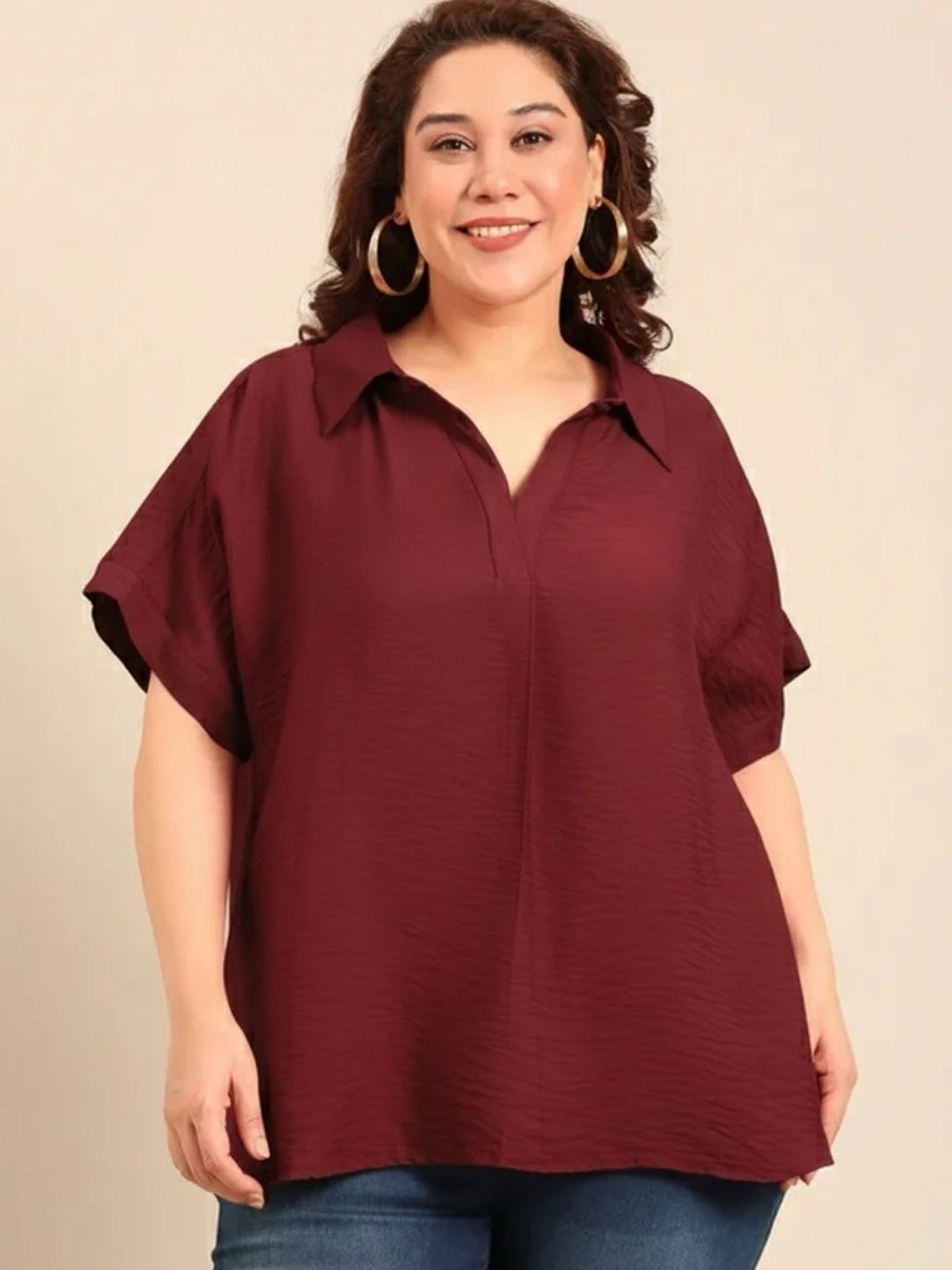 Maroon Collar Neck Drop Shoulder Top