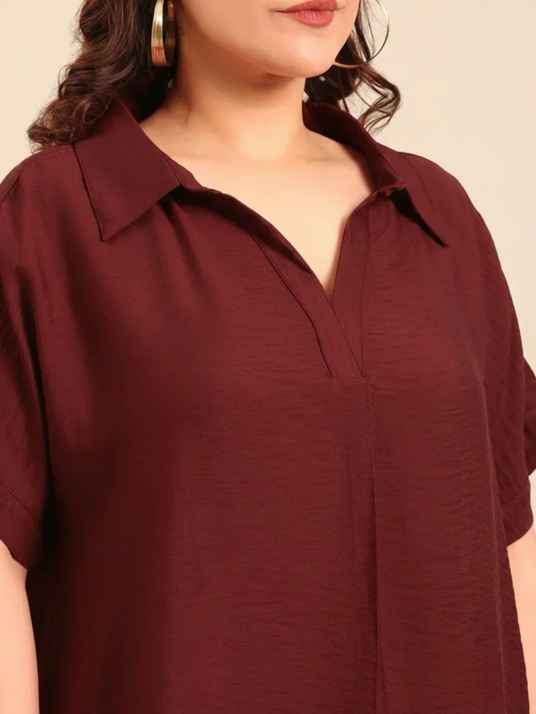 Maroon Collar Neck Drop Shoulder Top