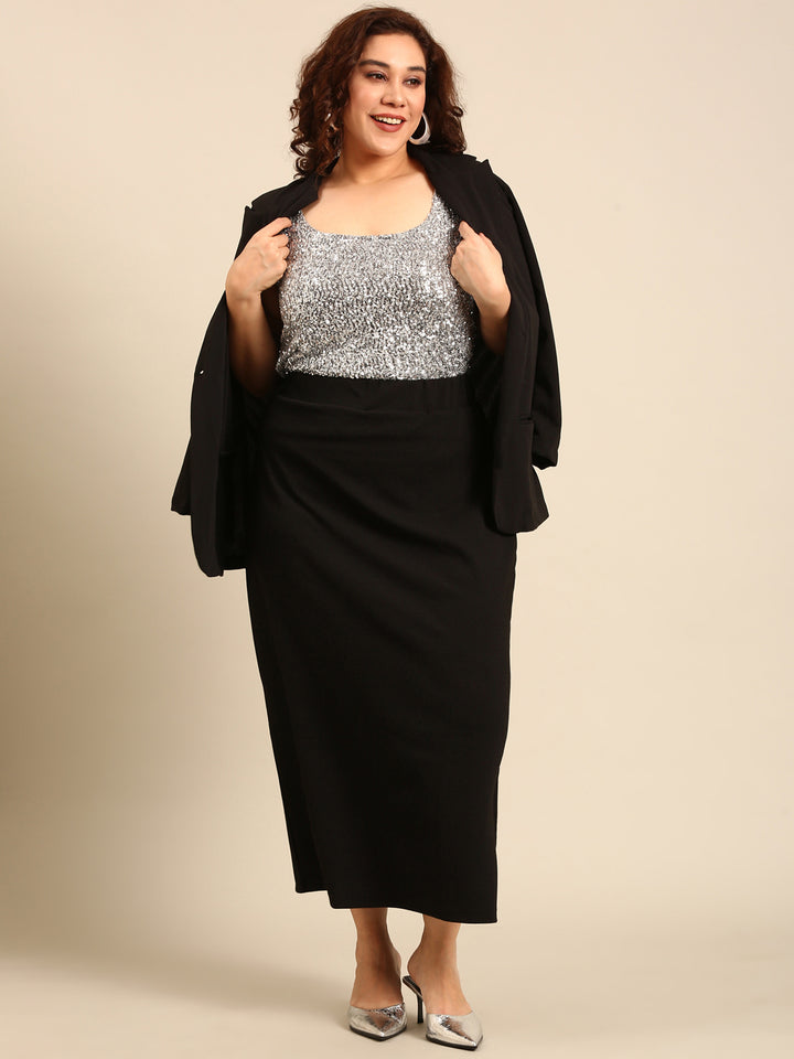 Midnight Sparkle: Sequin Crop & Black Skirt Blazer Set (3 Piece)