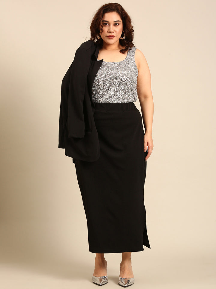 Midnight Sparkle: Sequin Crop & Black Skirt Blazer Set (3 Piece)1