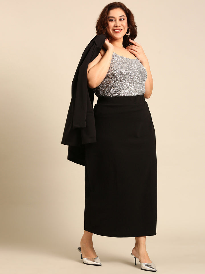 Midnight Sparkle: Sequin Crop & Black Skirt Blazer Set (3 Piece)2