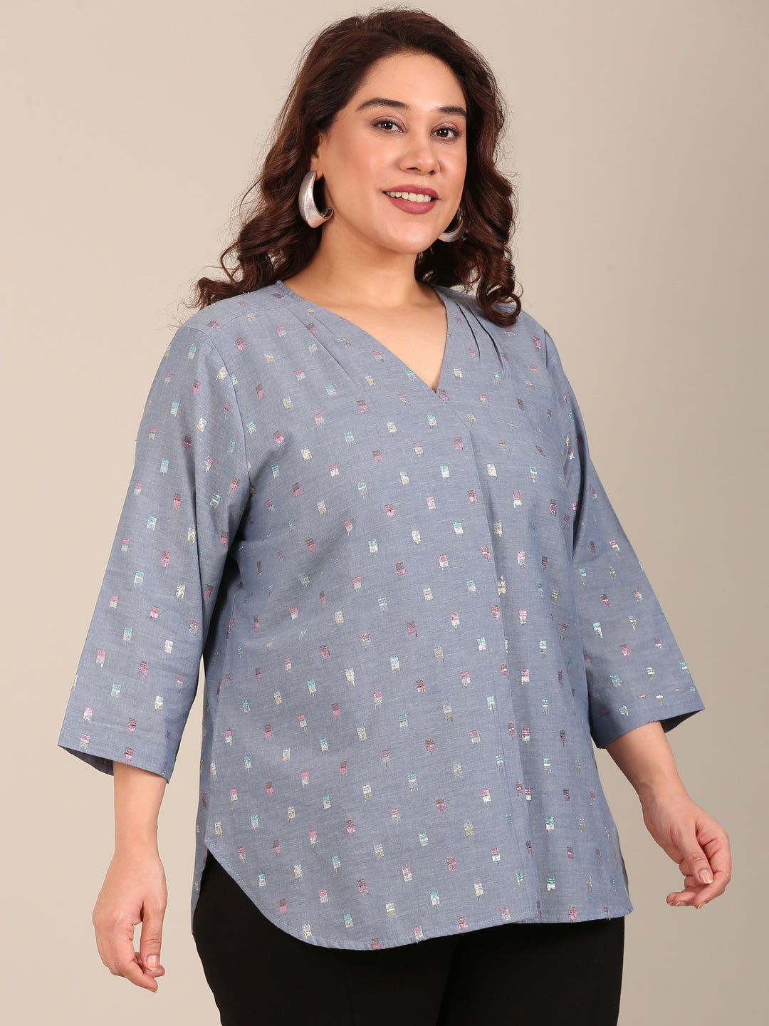 Multi-Color Dobby V-Neck Top