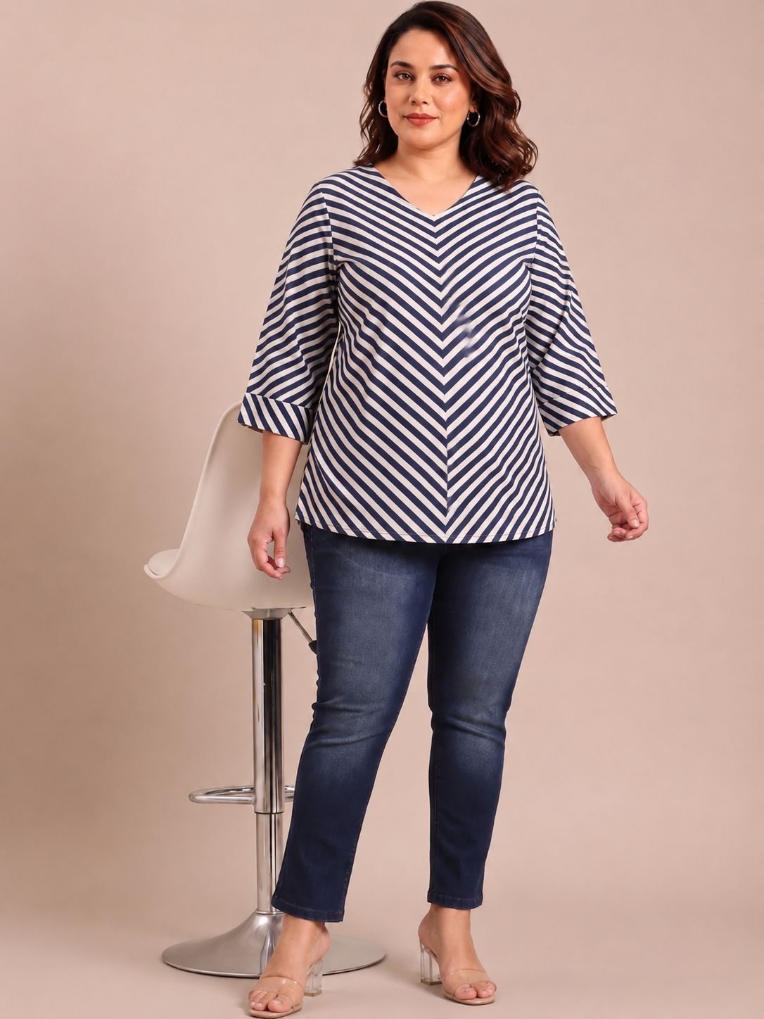 Navy-White Bias Striped Top