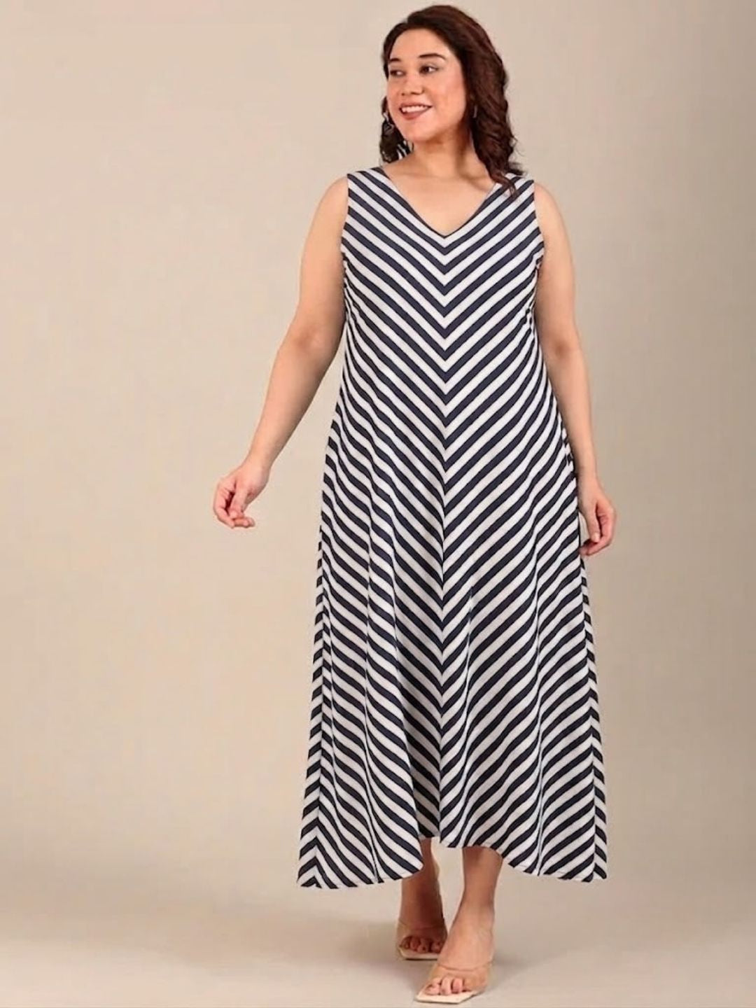 Navy-White Striped Sleeveless Maxi Dress