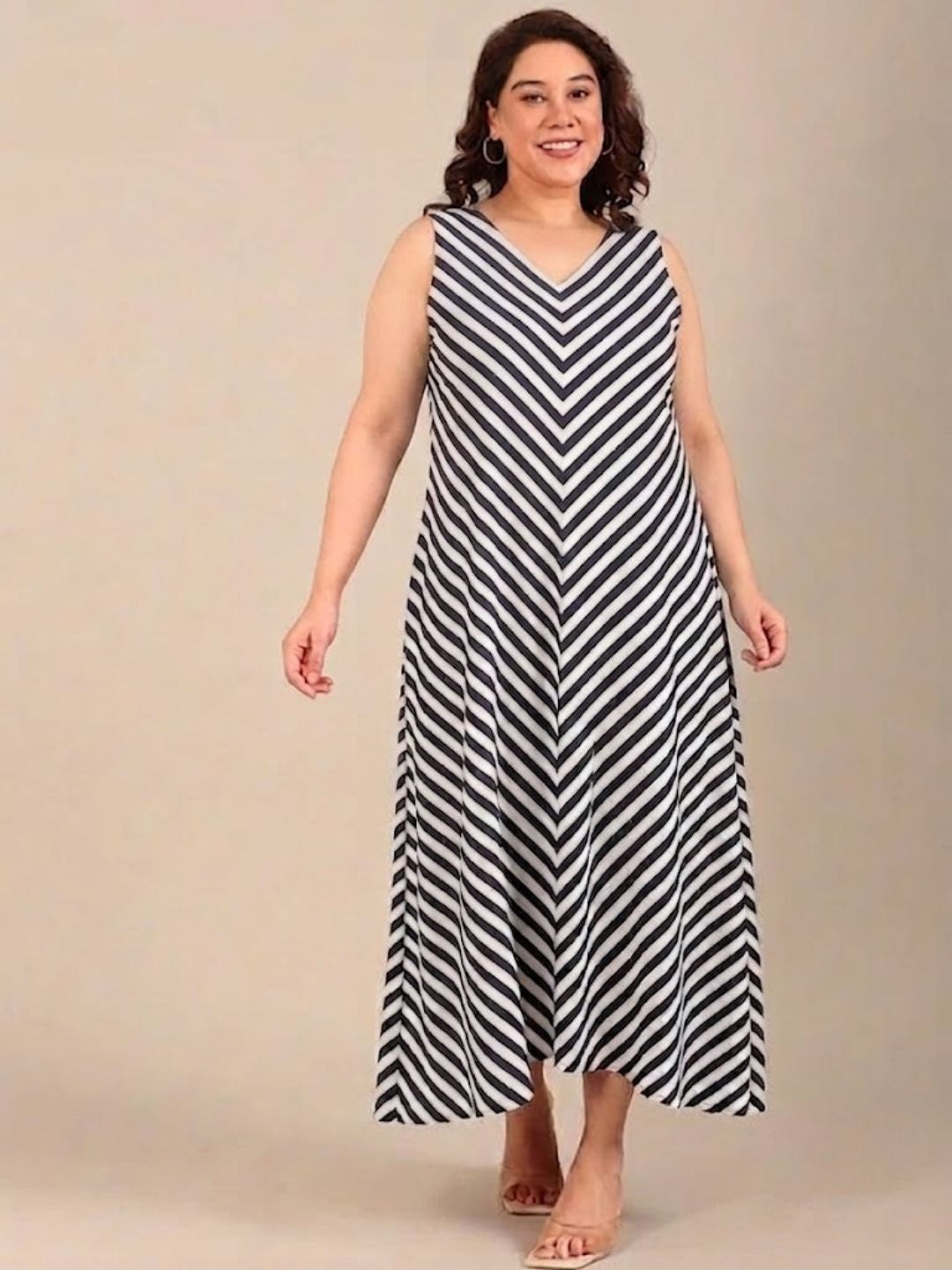 Navy-White Striped Sleeveless Maxi Dress