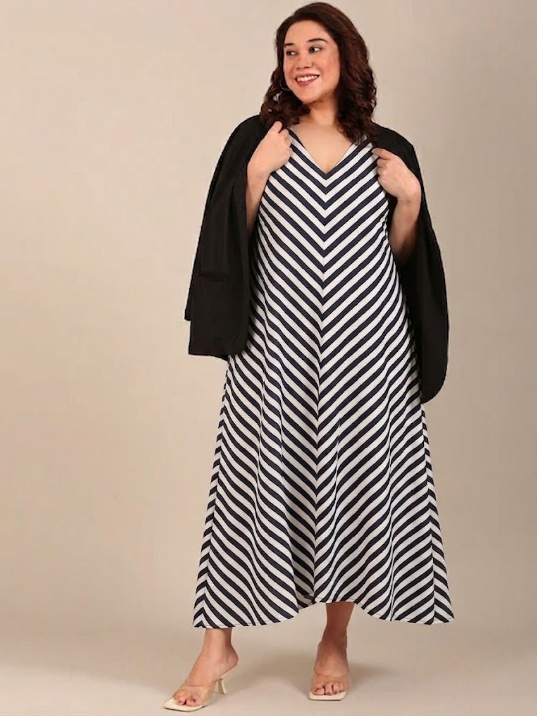 Navy-White Striped Sleeveless Maxi Dress