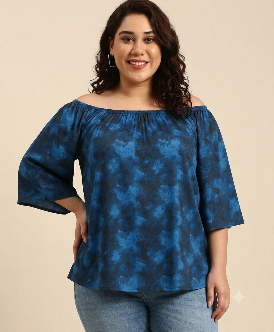 Navy Abstract Off-Shoulder Top