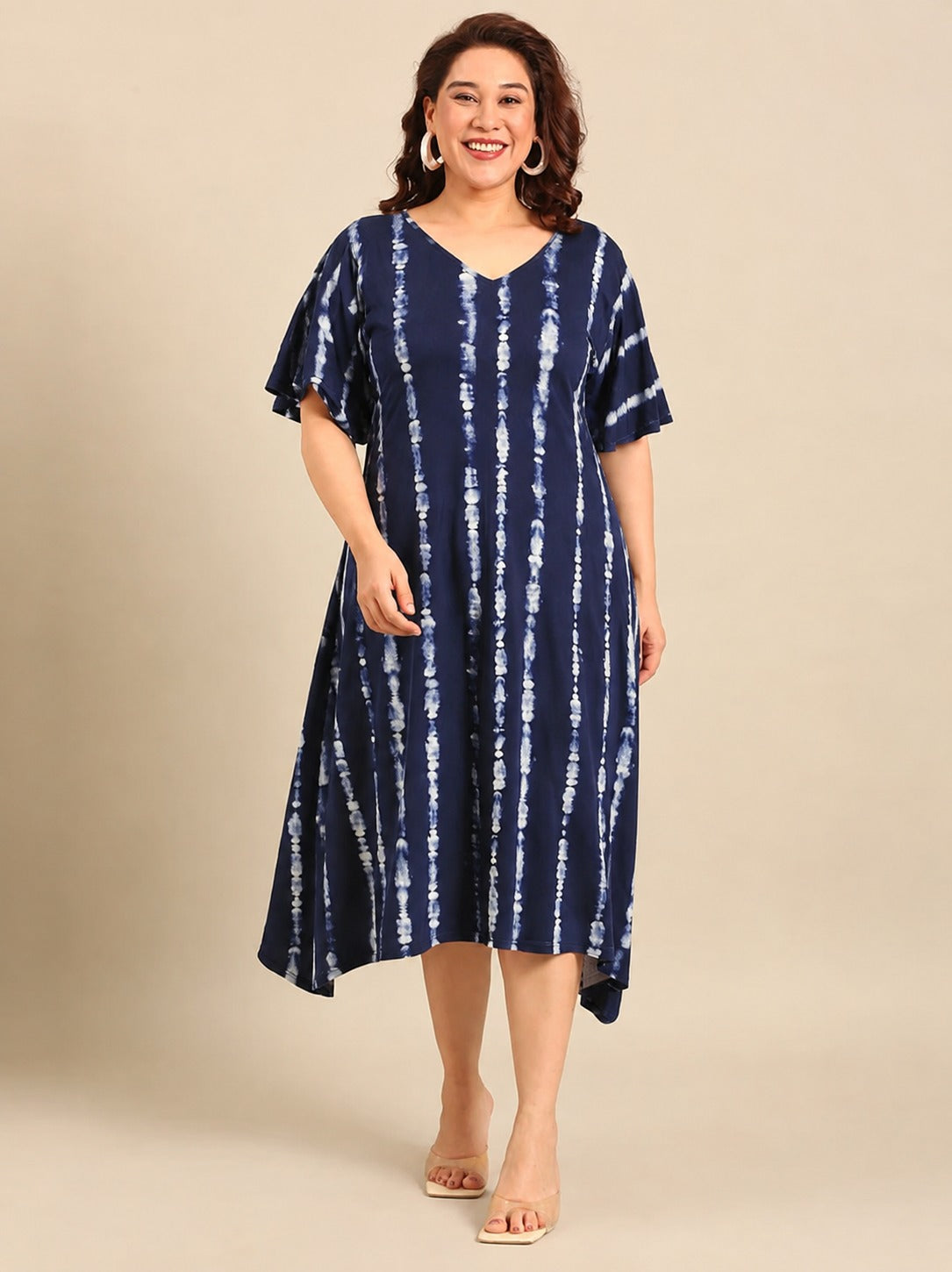 Navy Blue Tie-Dye A-Line Midi Dress