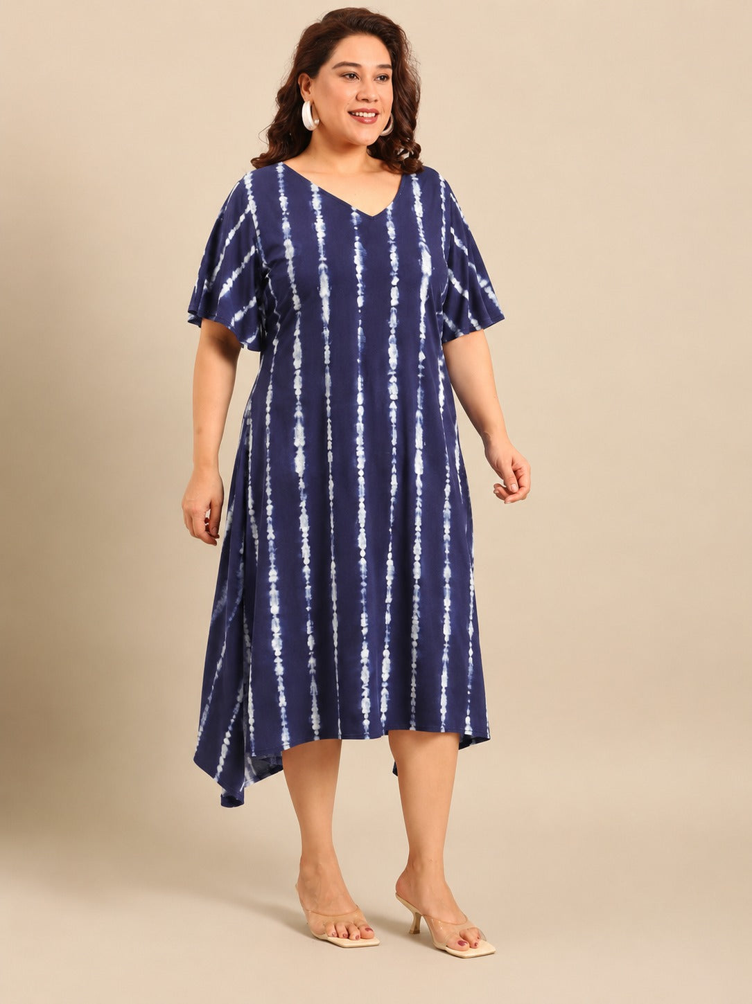 Navy Blue Tie-Dye A-Line Midi Dress