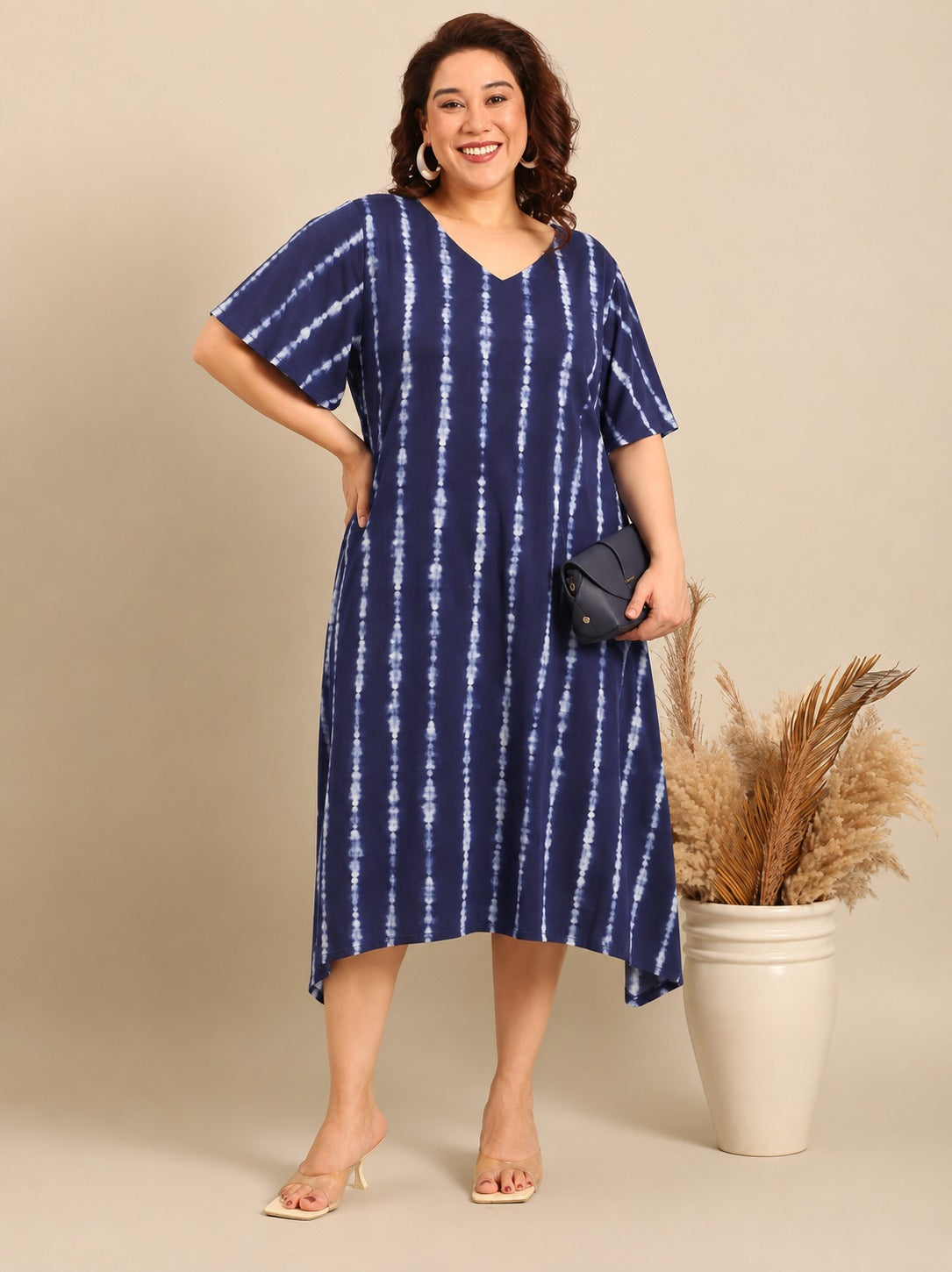 Navy Blue Tie-Dye A-Line Midi Dress