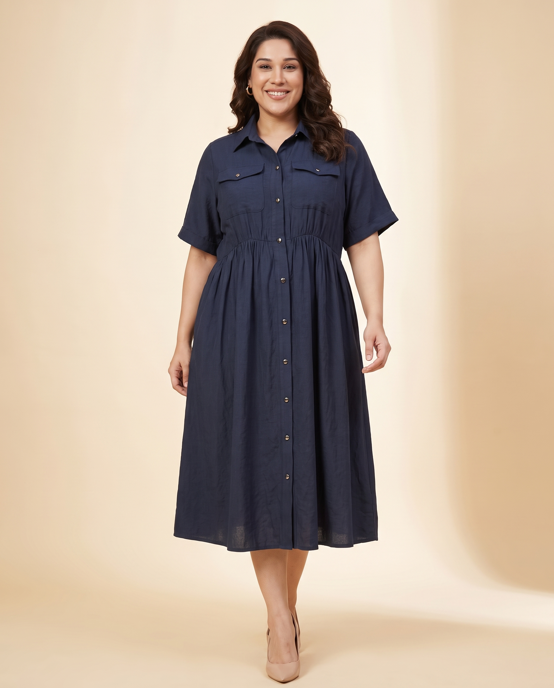 Navy Button-Front Midi Dress