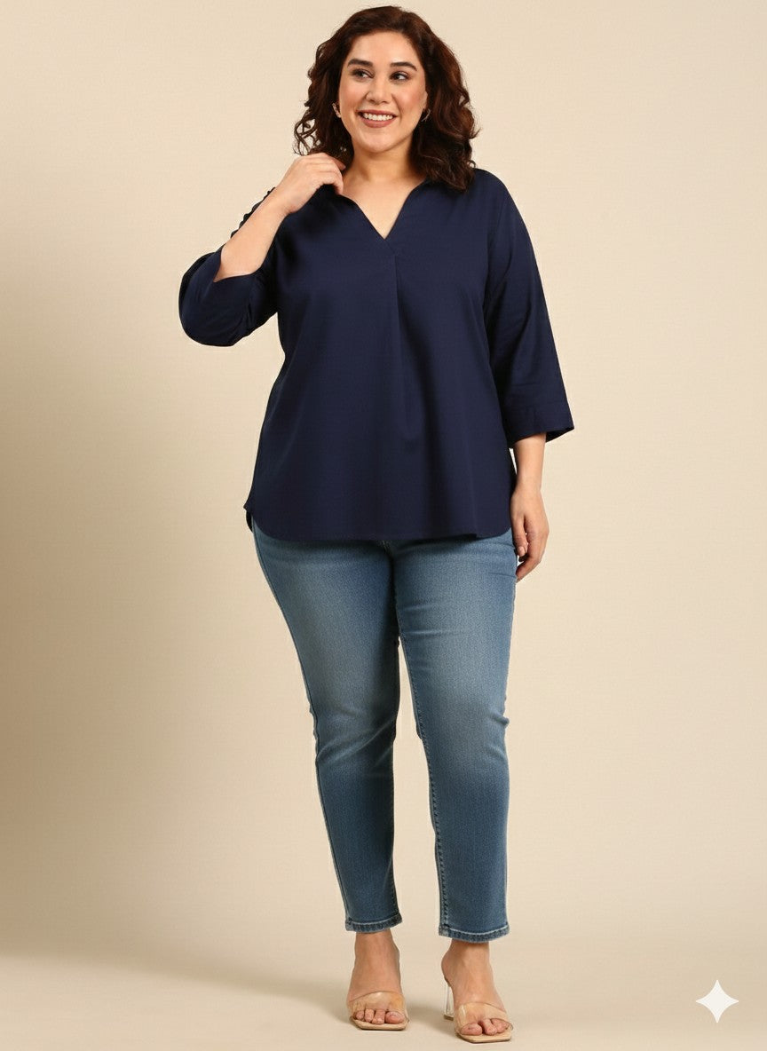 Navy Cotton Collar Neck Top
