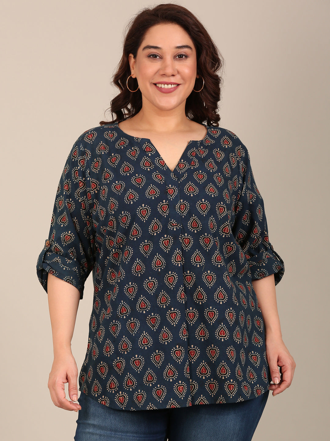 Navy Cotton Printed V Neck Top