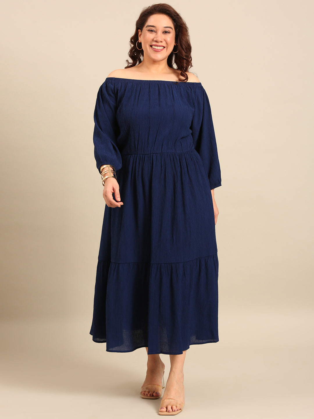 Navy Crepe Off Shoulder Dress