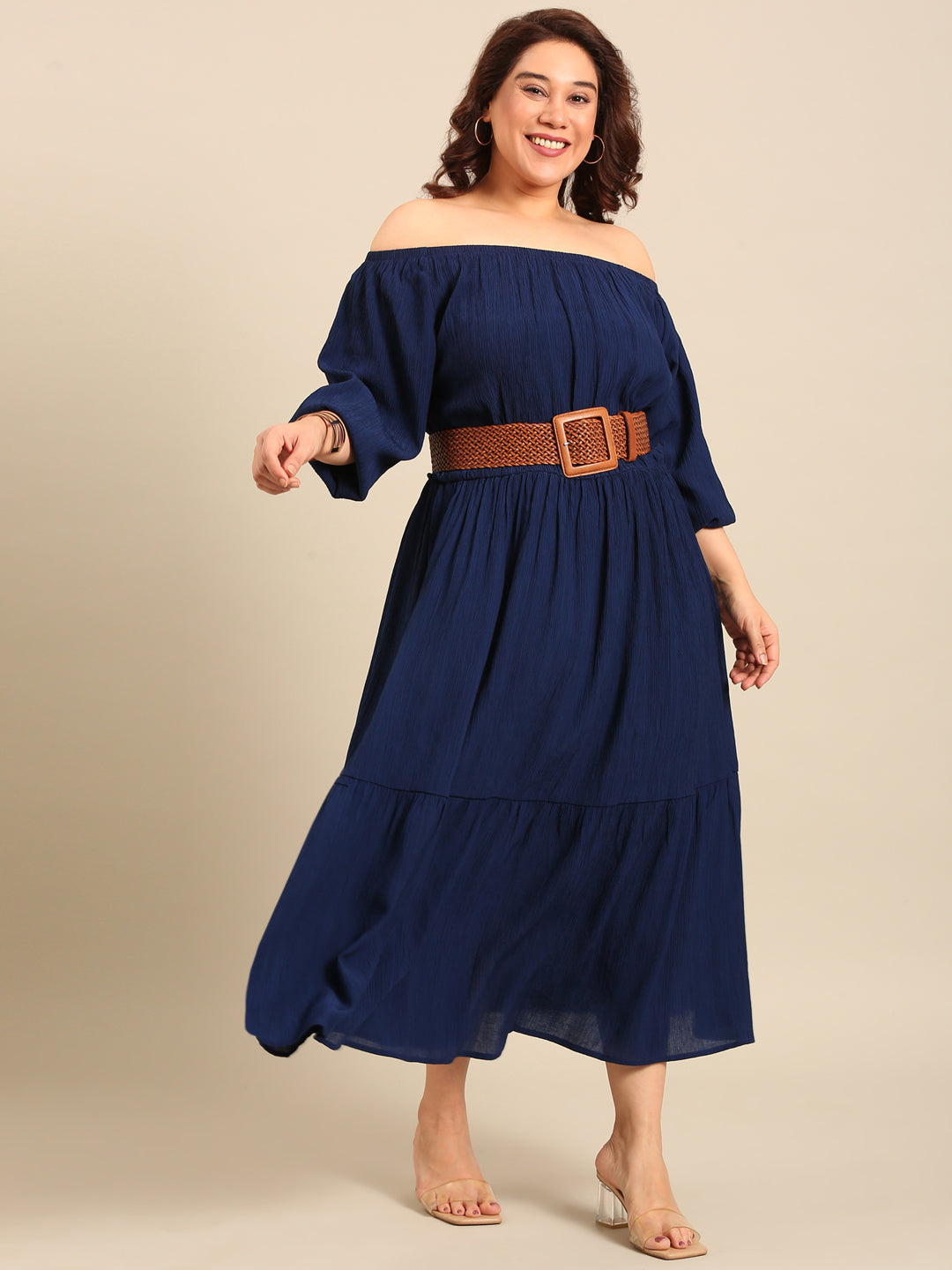 Navy Crepe Off Shoulder Dress