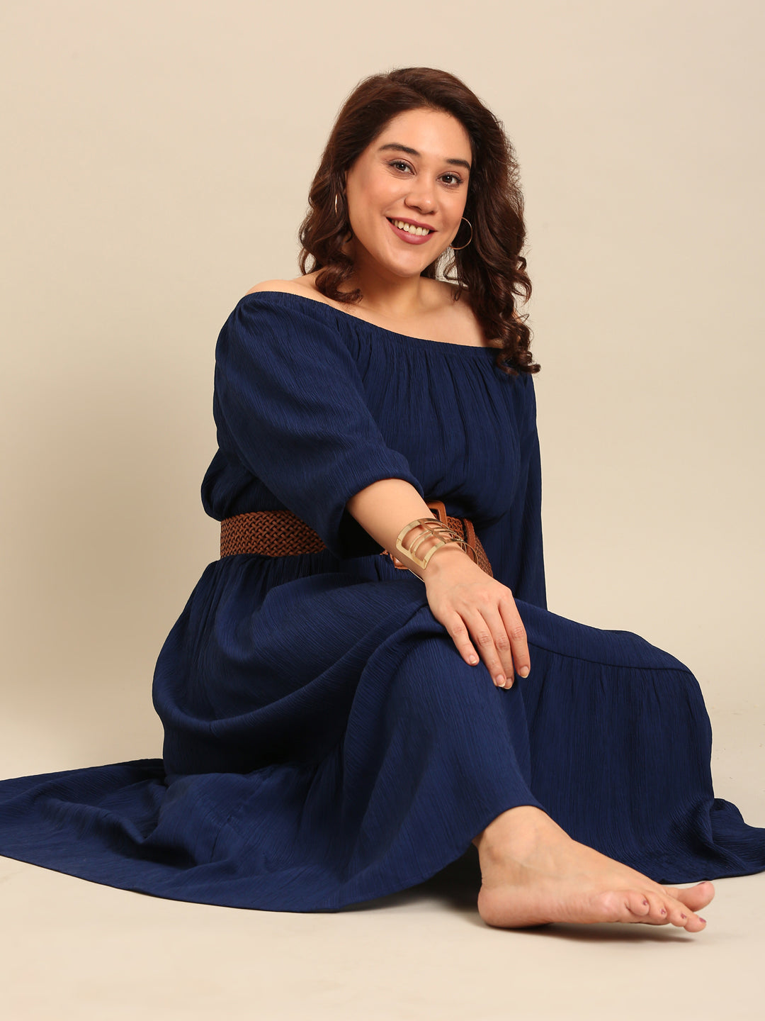 Navy Crepe Off Shoulder Dress
