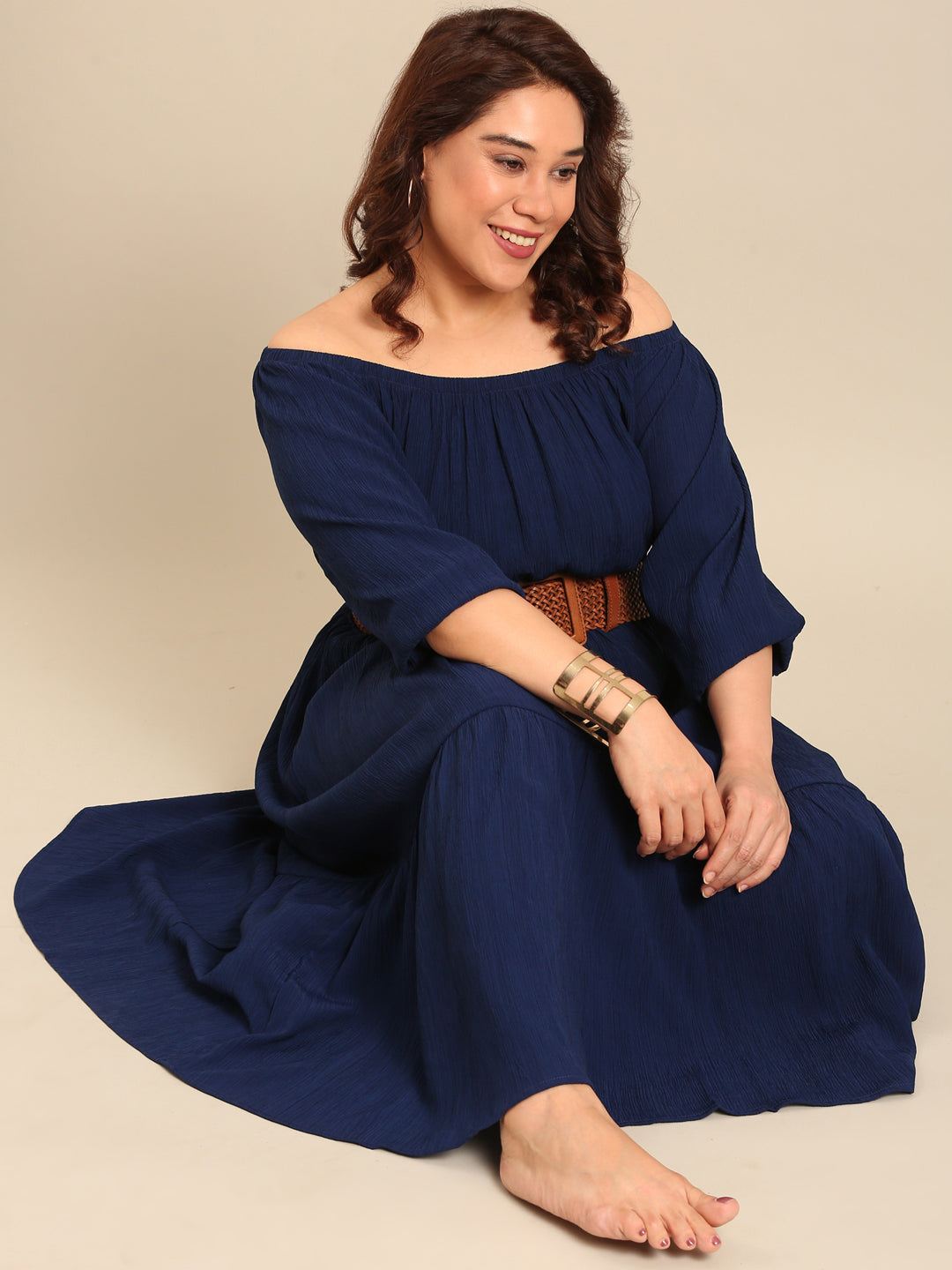 Navy Crepe Off Shoulder Dress